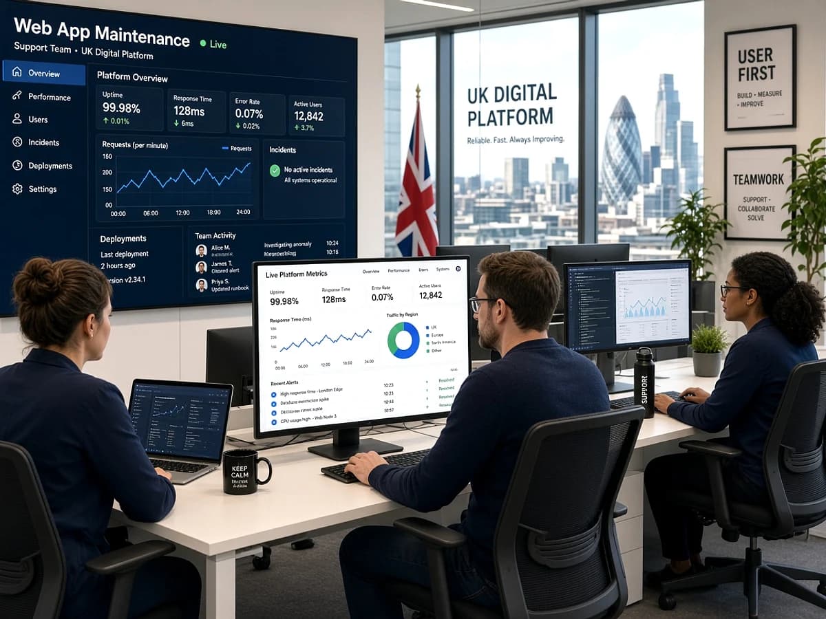 UK web application support team monitoring a live digital platform
