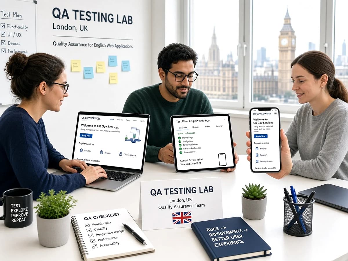 Quality assurance team testing a web application across multiple devices