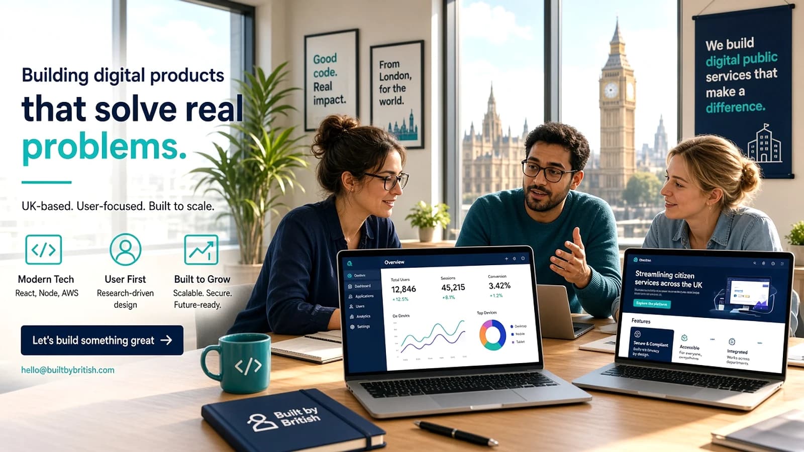 UK web application development team discussing a digital product in a modern London office