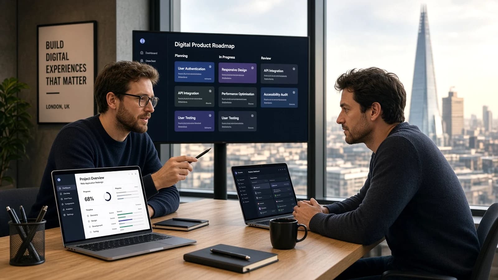 Web application developers discussing a digital product project in a modern London office