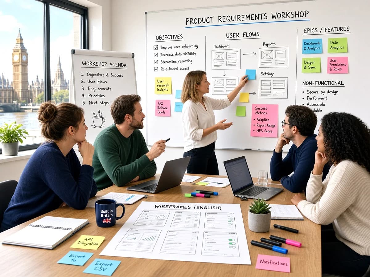 UK business team discussing web application requirements with developers