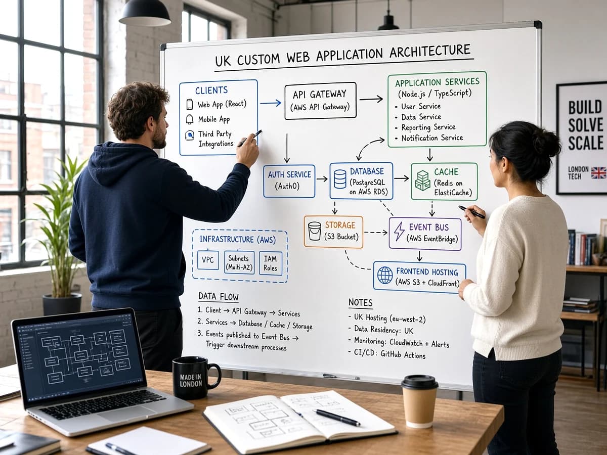 Developers planning custom web application architecture in a London office