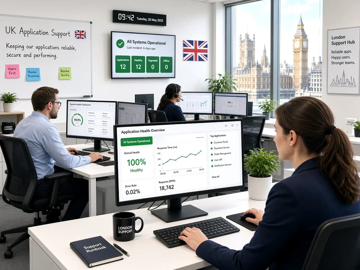 Web application support specialists monitoring a digital platform in a UK office
