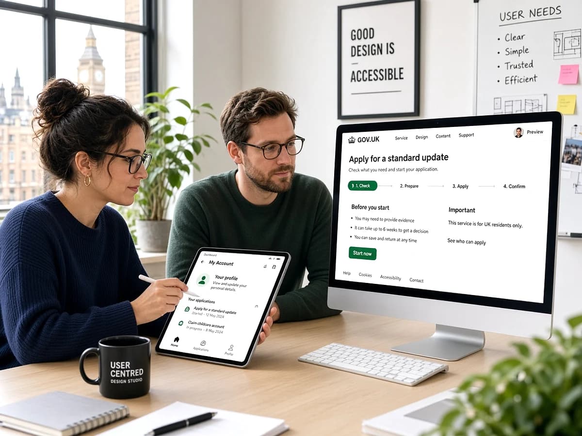 UI UX designers reviewing a web application interface in the UK