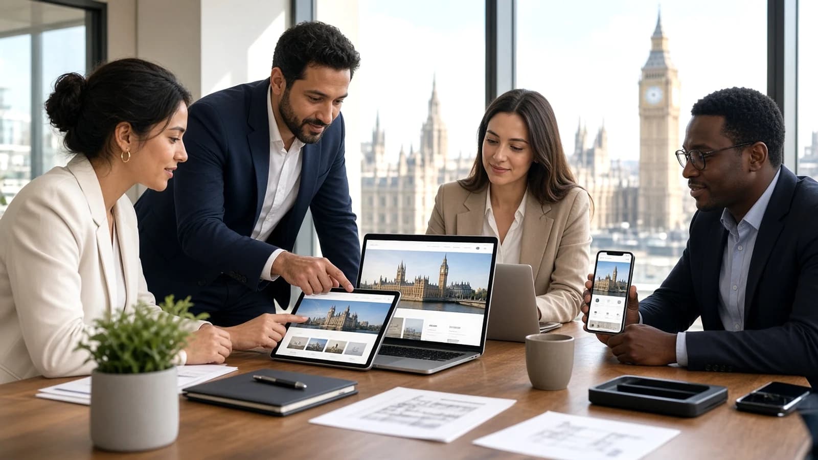 Business team reviewing a professionally developed website on multiple devices
