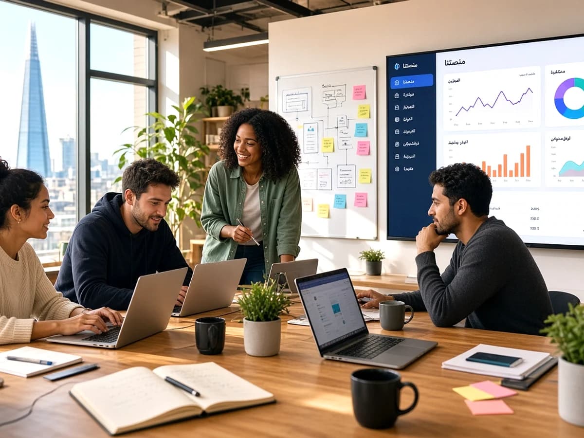 Digital product team developing a custom web platform in a modern London office