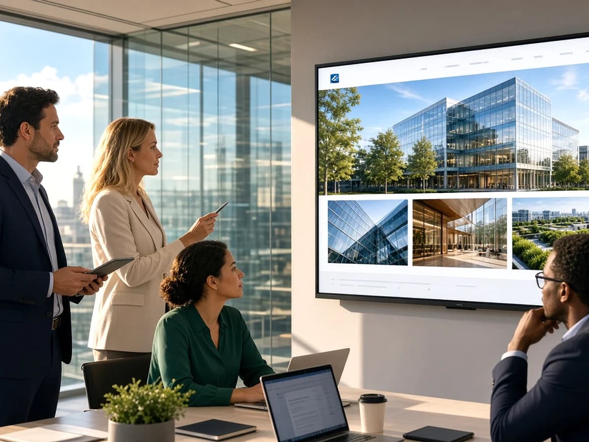 Enterprise team reviewing a large corporate website in a UK office