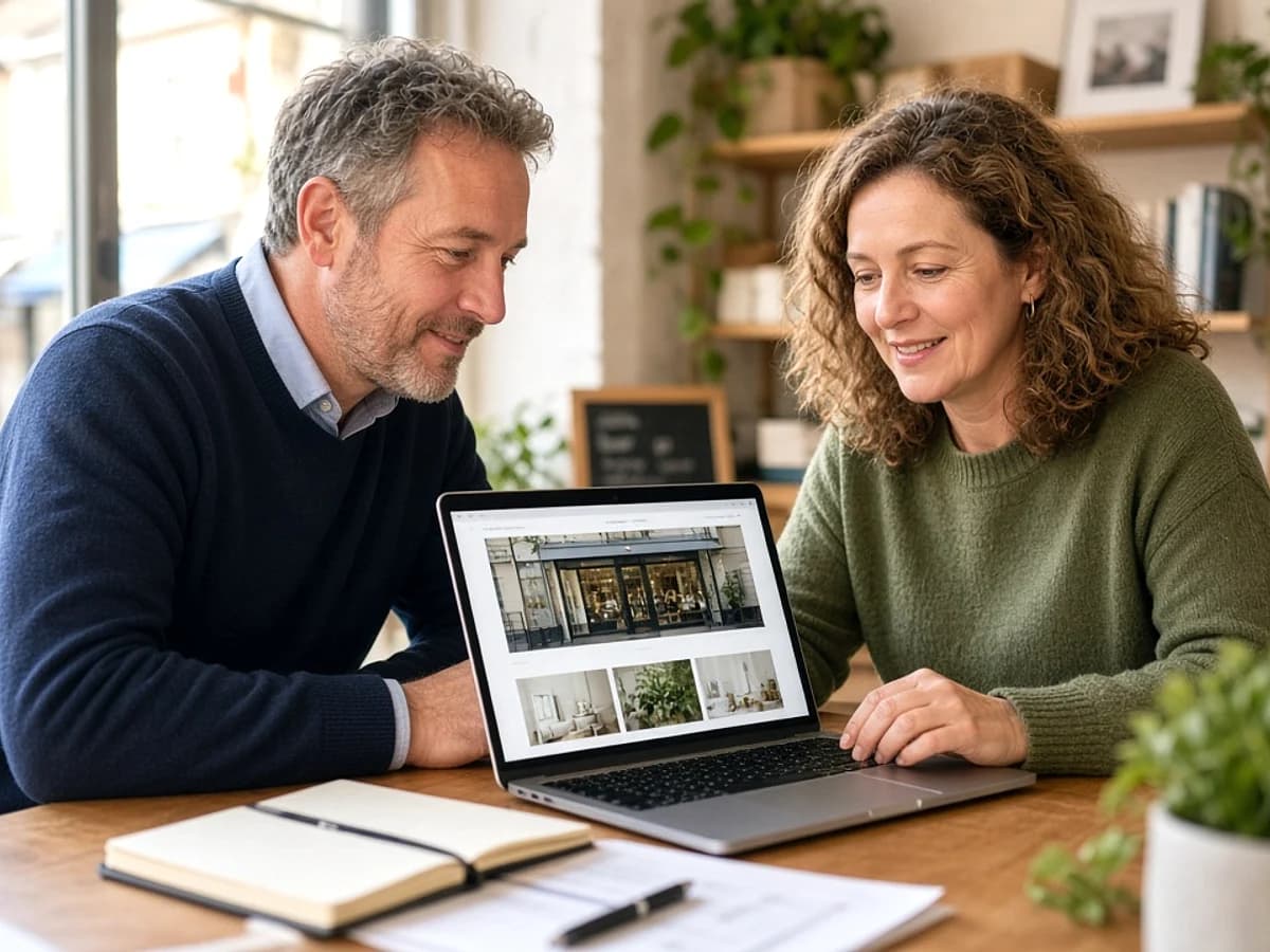 Small UK business owners reviewing their new company website