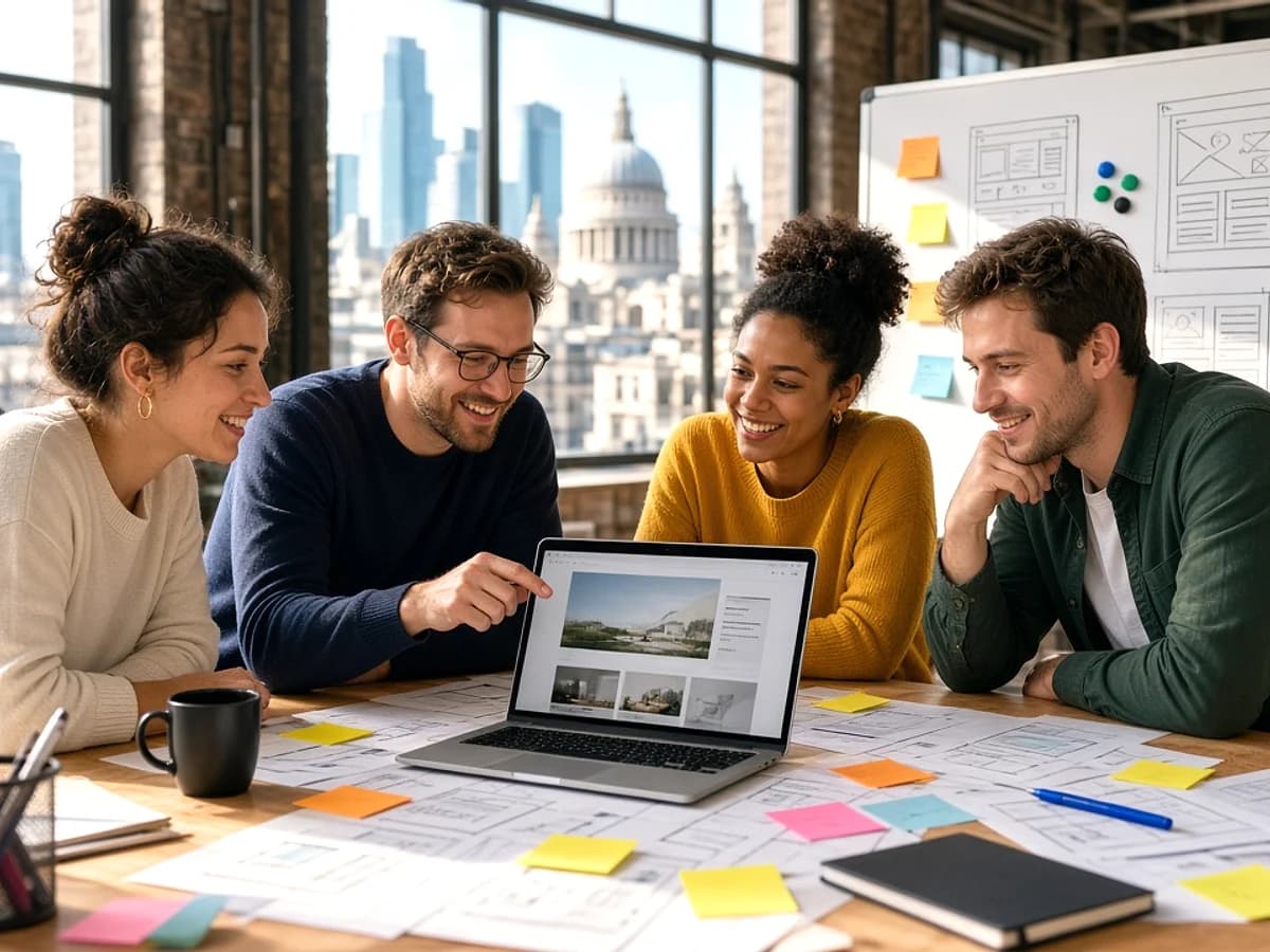 UK startup team planning a new business website in a London workspace