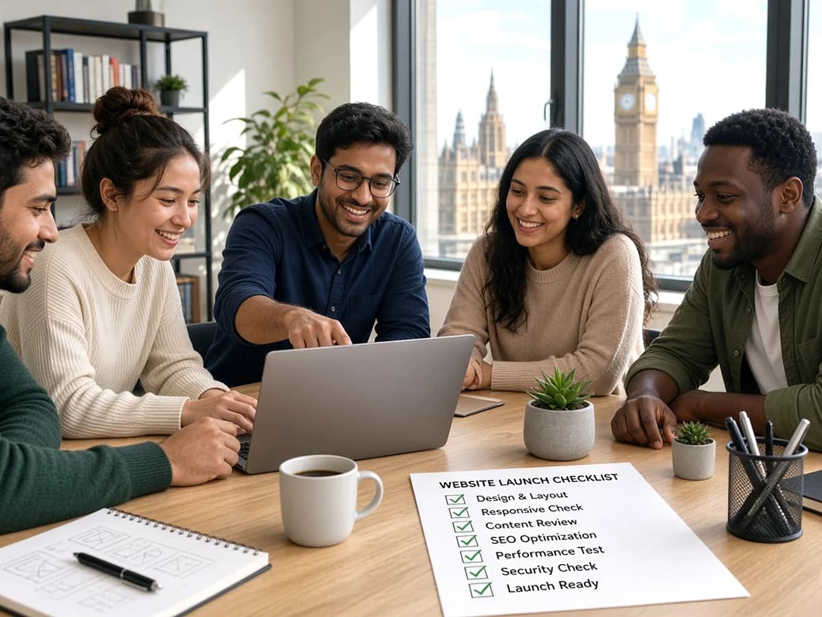 Website development team preparing a new website for launch in the UK