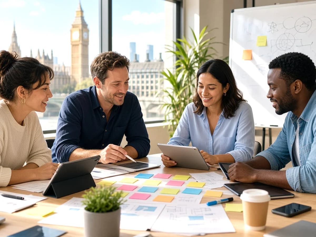UK website development team discussing project requirements in a London office