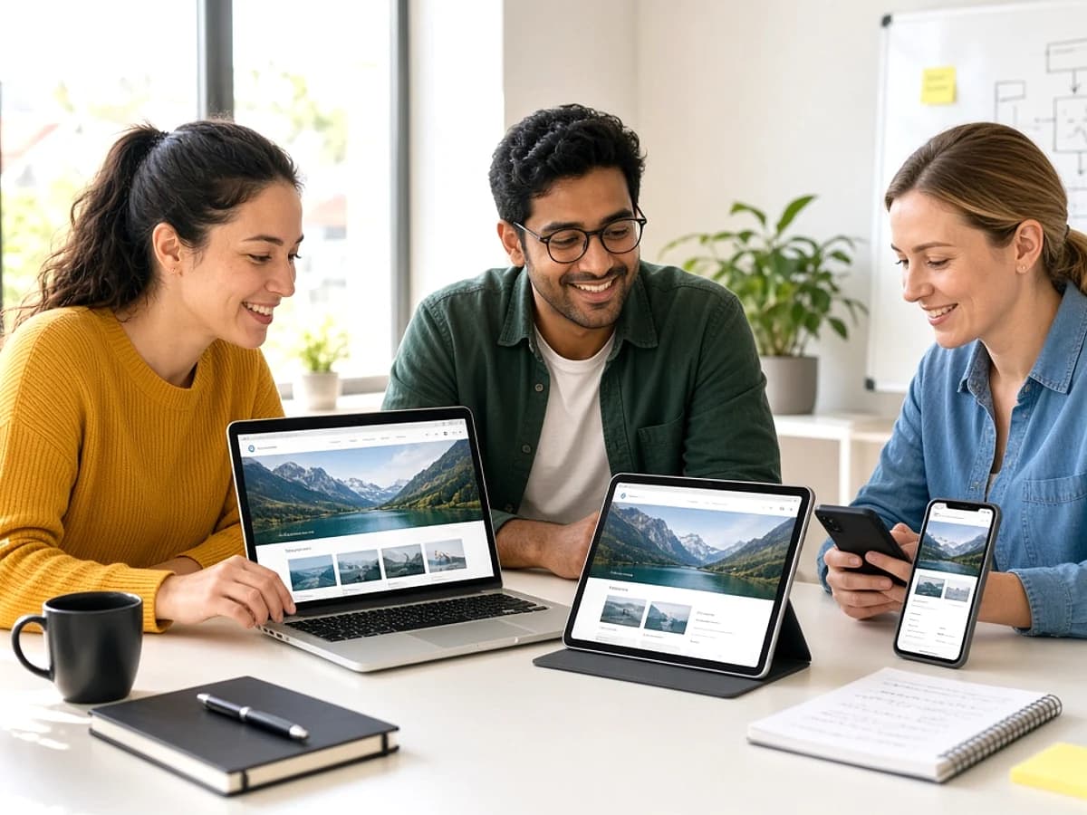 Quality assurance team testing a responsive website across multiple devices