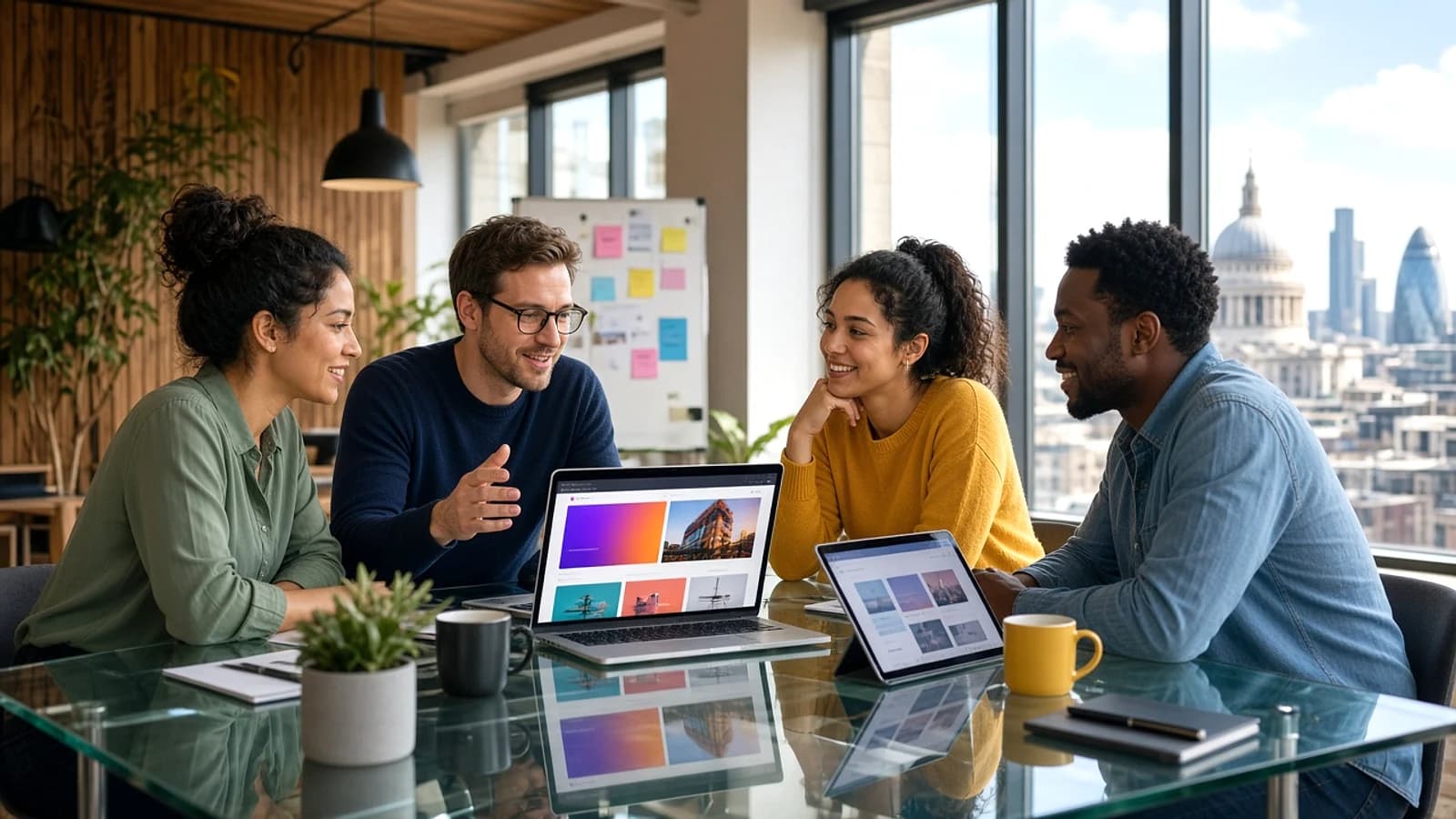 Website development team discussing a digital project in a modern London office