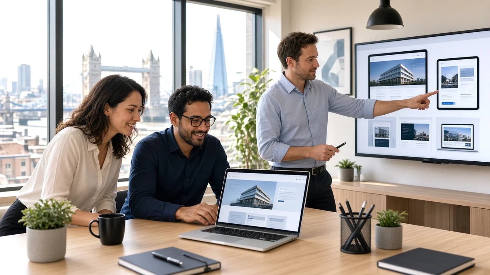 Website development specialists reviewing a business website project in a modern London office