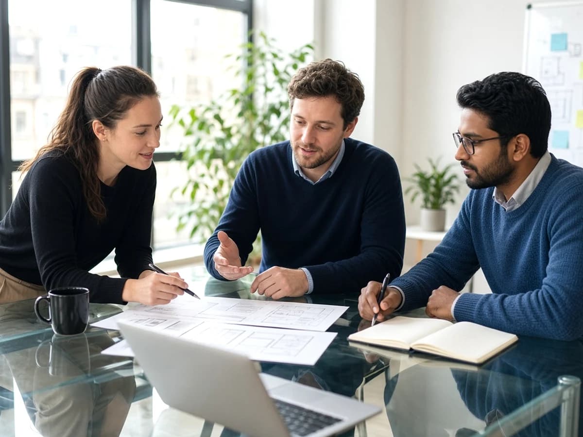 Website development specialists discussing business requirements in a UK office