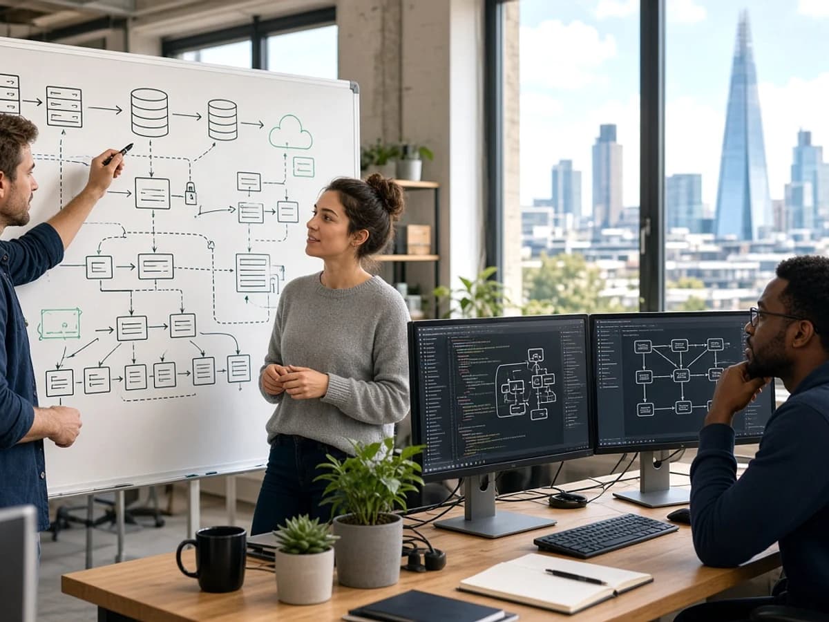 Web developers planning a scalable website architecture in a London technology workspace