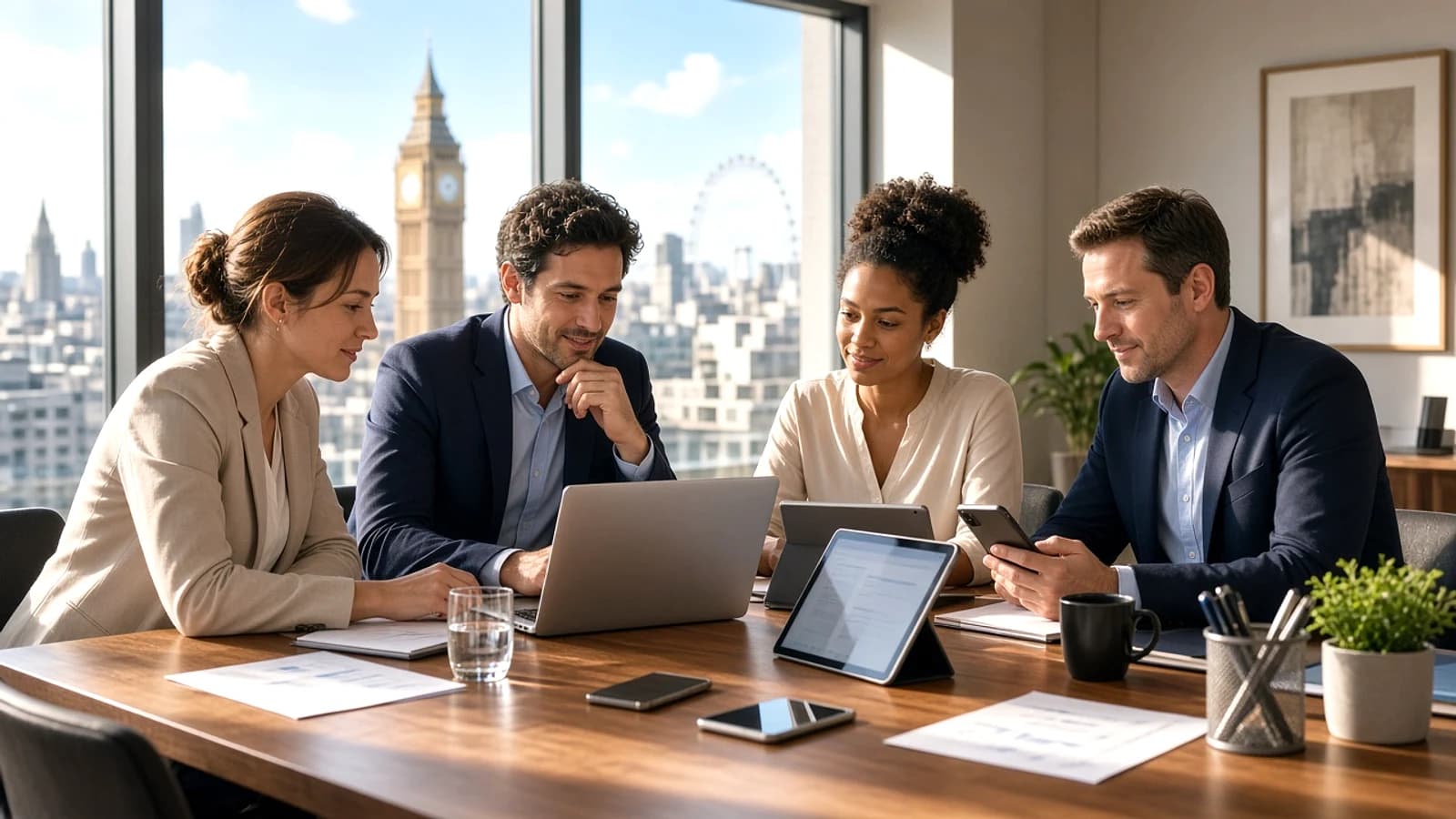 UK business team reviewing a website migration project across multiple devices