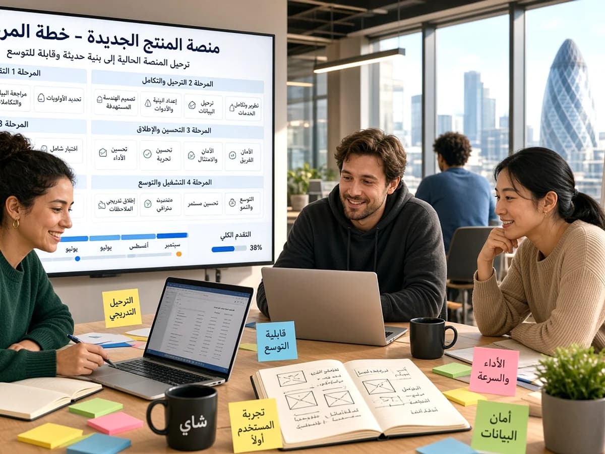 Digital product team planning a web platform migration in a modern London technology office