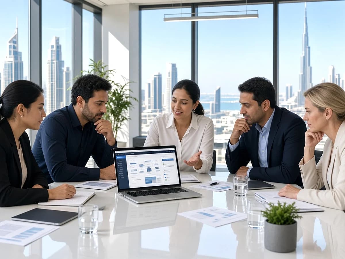 Enterprise technology team reviewing a complex website migration in a UK office