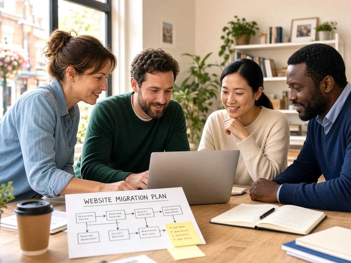 Small UK business team reviewing a website migration plan