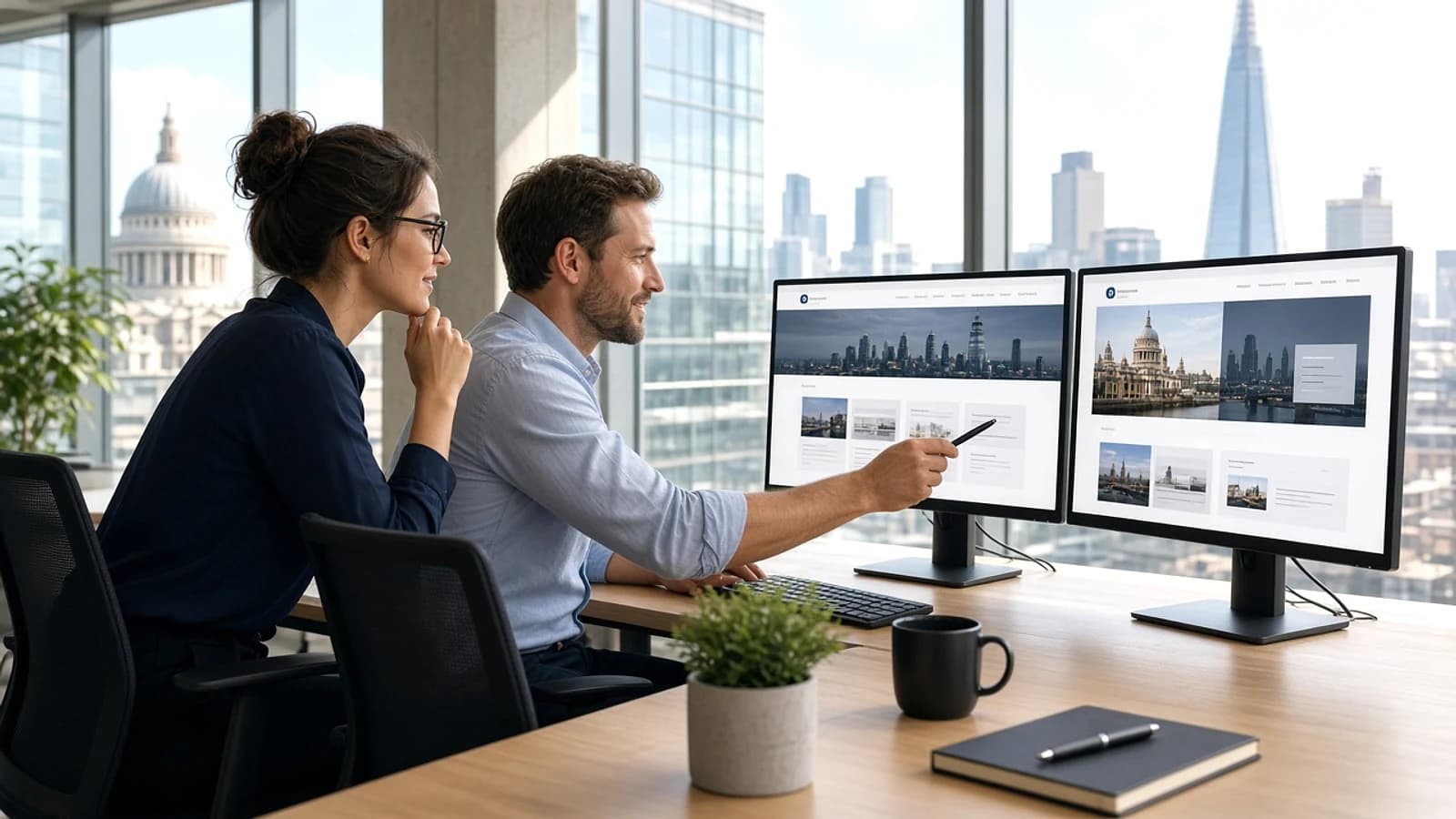 Website migration specialists reviewing a platform transfer project in a London office