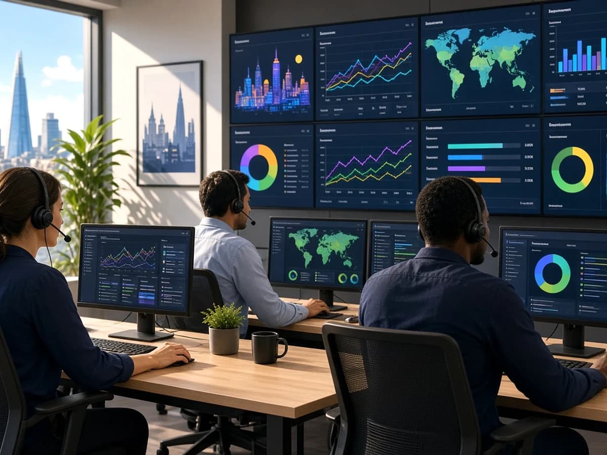 Website support team monitoring a newly migrated website in a London office