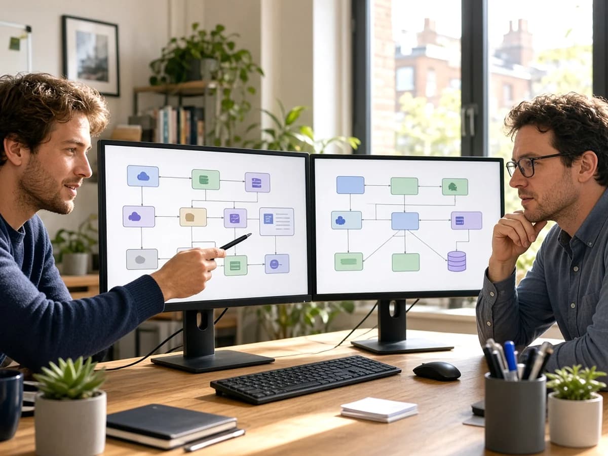 Web developers reviewing website migration architecture in a UK technology workspace