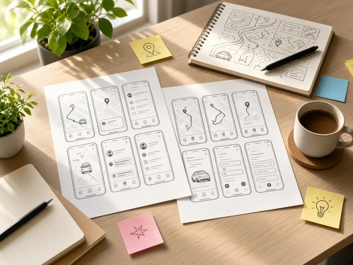 Team planning a taxi booking app idea for the UK market